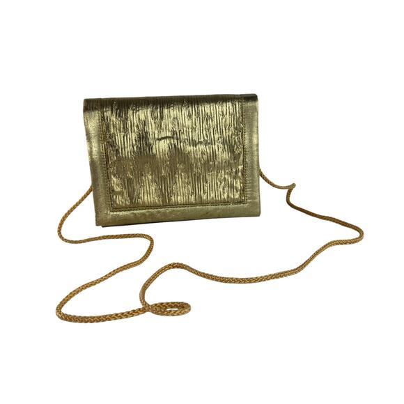 Gold Lamé Evening Bag with Strap, Vintage 80s Structured Clutch Purse - Picture 1 of 14
